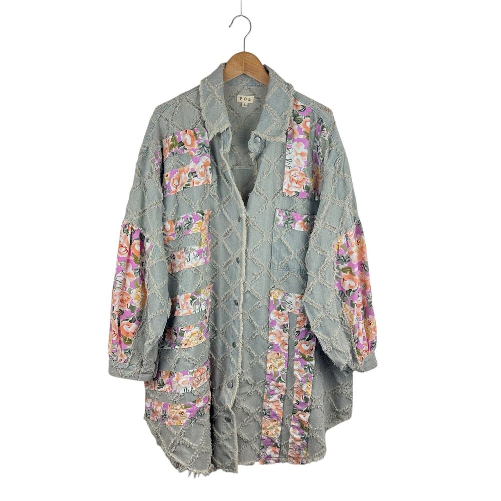 POL Frayed Patchwork Denim Shacket - Picture 2 of 7